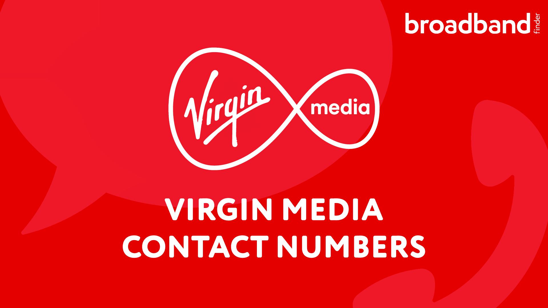 Virgin Media logo on a red and black background, with the title 'Virgin Media Contact Numbers'.